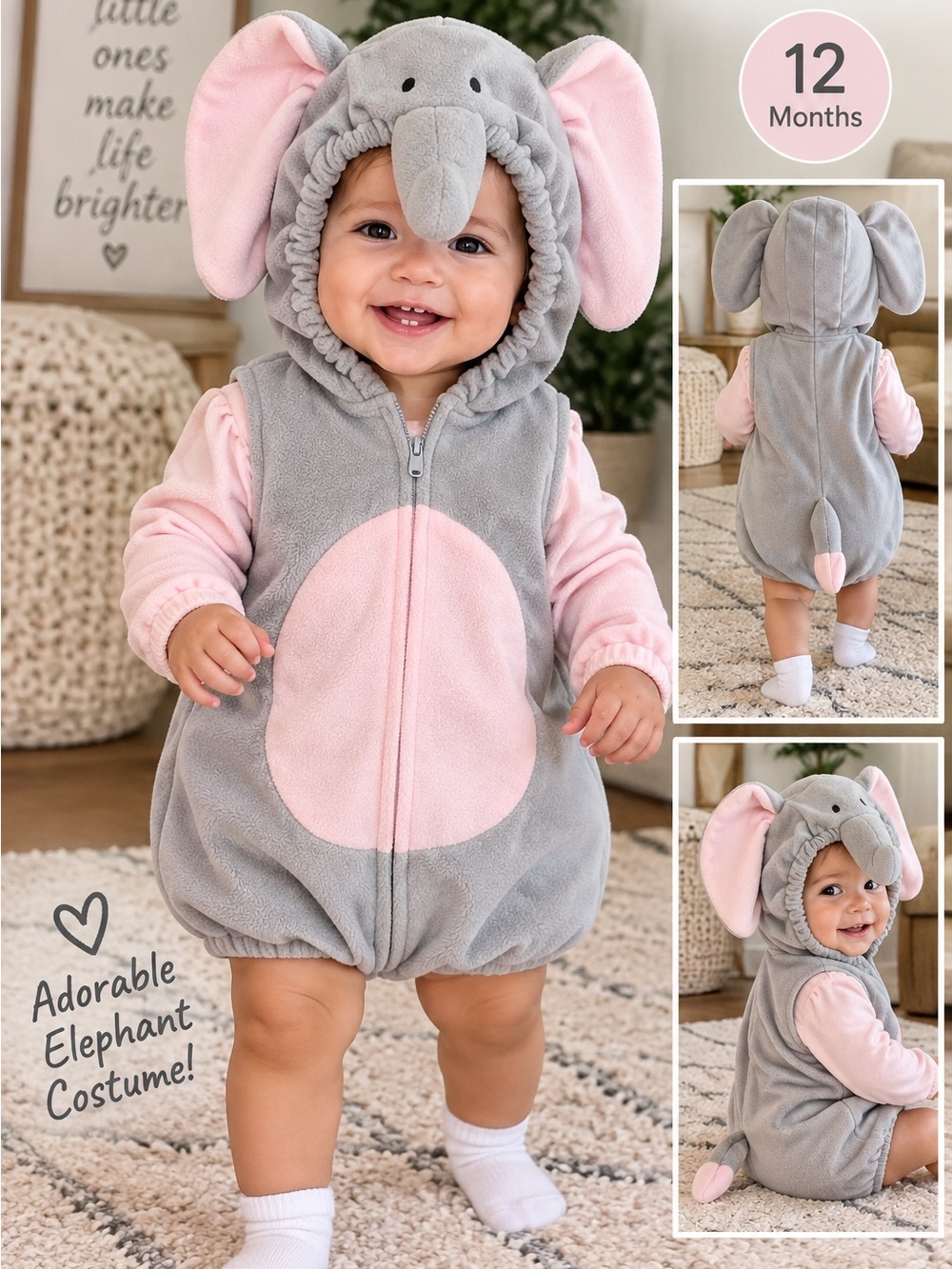 Carter’s Baby Elephant Costume Gray Pink Fleece Hooded 12 Months